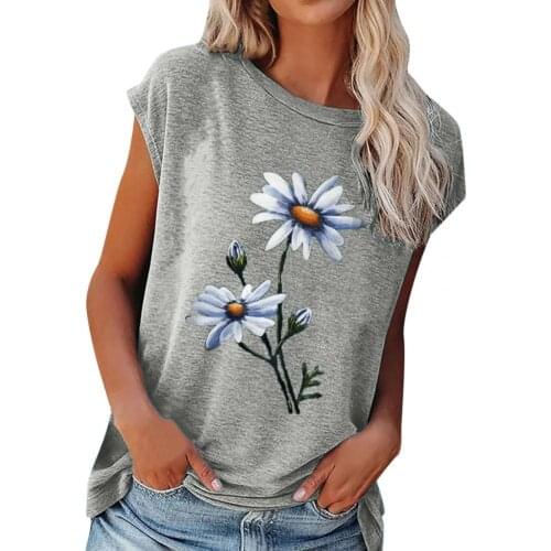 New Stylish Women Polyester Short Sleeve Simple O Neck Flower Print Summer T-shirt Streetwear for Outdoor Clothing