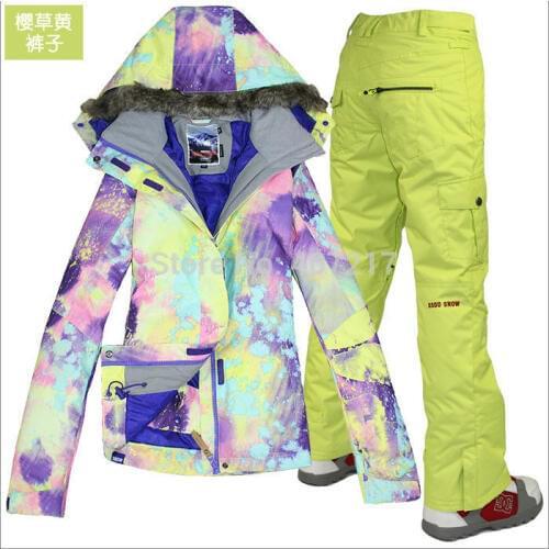 Womens Full Ski Suit Attire Ladies Snowboarding Outfits Female Violet Yellow Jacket With Fur Hood And Pants Set Snow Wear
