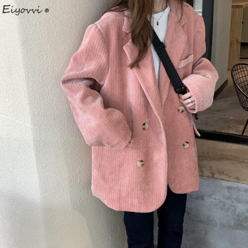 Female Blazer 2021 Spring Autumn New Corduroy Jacket Loose Double Breasted Pocket Top Vintage Casual Qualited Coat Outerwear