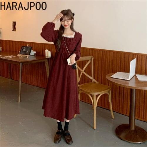 Harajpoo Dresses Women Fall Winter New French Retro Square Neck Lace Fold Waist Clothing Long Sleeve Party Tide Y2k Midi Dress