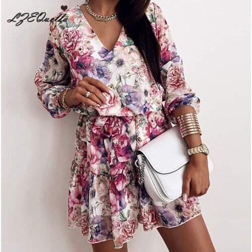 LZEQuella Women V neck Sexy Mini Boho Dress Long Sleeve Floral Print Sashes Dresses Holiday Beach Sundress Vestidos NZ3634