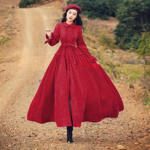 2021 Autumn And Winter New Retro Red Corduroy Dress Slim Literary Large Swing Female High Quality Free Shipping