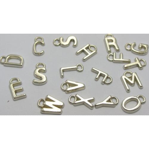 200 Assorted Silver Tone Metallic Acrylic Alphabet Letter Charm Pendants