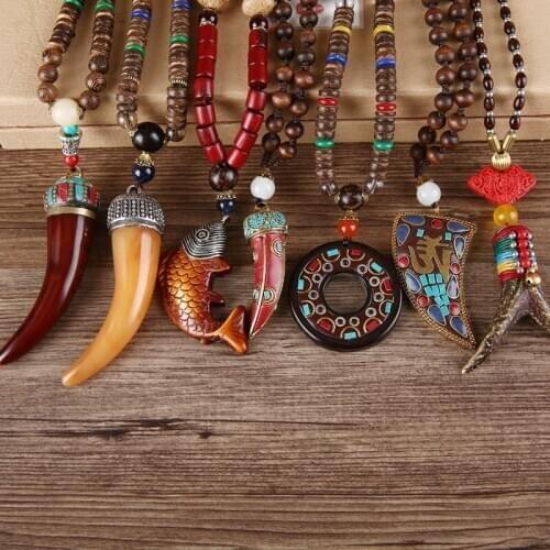 2019 Ethnic Natural Wood Beads Fish Horn Pendant Necklace Long Statement Necklace Handmade Nepal Necklace OM Women Men Jewelry