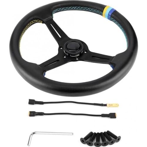 350mm/14in for GReddy Style 6-Bolt Half Dish Black Leather Racing Steering Wheel W/ Horn Leather+ Aluminum Modified Accessory
