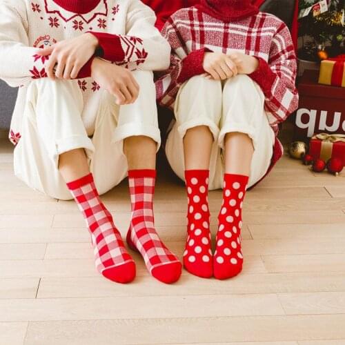 Anewmorn Retro Red Plaid Socks Houndstooth Twist DOT Female Sokken Autumn Winter Cute Animal Embroidery Golden Cow Womens Socks