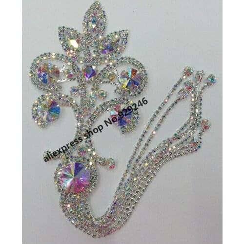 Free shipping 1pc/lot fashion AB crystal rhinestone metal applique for bridal wedding dress sewing decoration costume stones