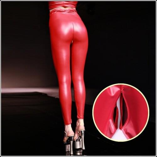 High Waist Faux PU Leather Pants Zippers Open Croch Skinny Stretch Leggings Womens Erotic Outdoor Sex Pants Tights Trousers
