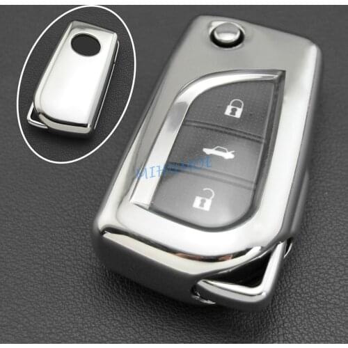 Flip Car Key Case Cover Fob Shell Chain For 2018-2020 Toyota Camry C-HR CHR Silver