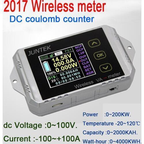 DC 100V 100A Wireless DC voltage current power Meter car battery capacity KWh Watt Charge Discharge Monitor coulomb meter