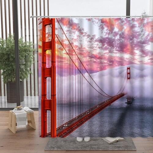 Bridge Architecture Shower Curtain Sea Water Blue Sky Sunset Cloud Night Lighting Scenery Bathroom Accessories Waterproof Set