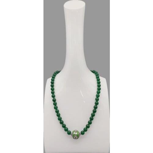 FoLisaUnique 8mm Green Jade Necklace For Women Antique Silver Ball Enamel Bead Healing Stone Choker Necklace Trendy Jewelry 18"
