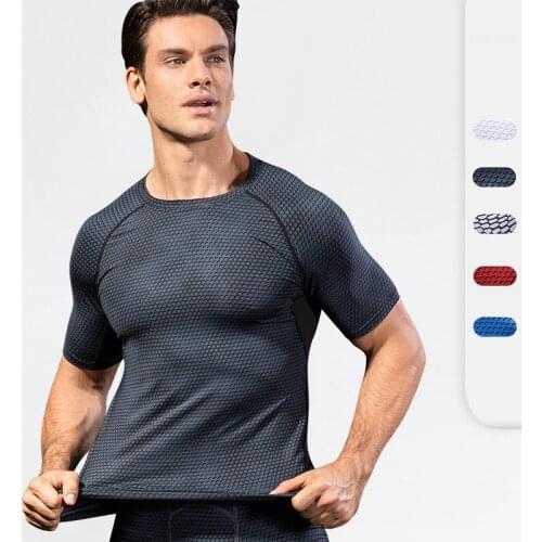 QUESHARK Quick Dry Fit Men Running Shirts Compression Training Tees Jogging Bodybuilding Workout Sports T-shirt Homme Tops