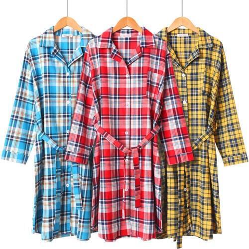 100% Cotton Plaid Long-sleeved Long Robe Woven Nightgown Lingerie Robe Plus Size Bathrobe Dressing Gown Bath Robes Home Clothing