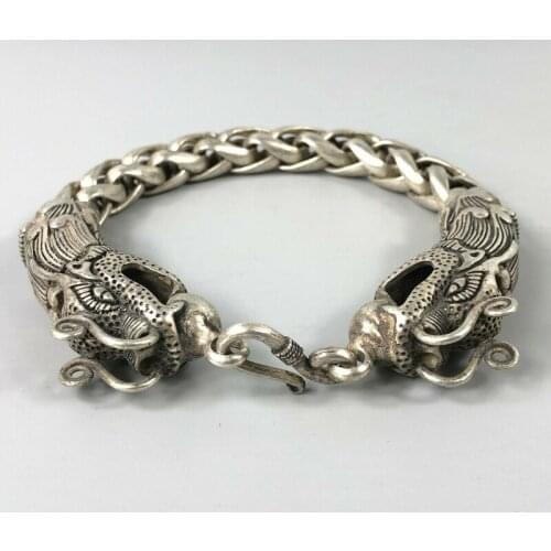 Chinese Rare Collectible Tibet Silver Handwork Dragon Amulet Bracelet