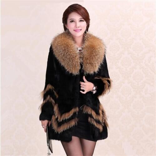 New womens Real genuine natural rabbit fur coat with raccoon fur collar girls fashion long jacket outwear custom any size