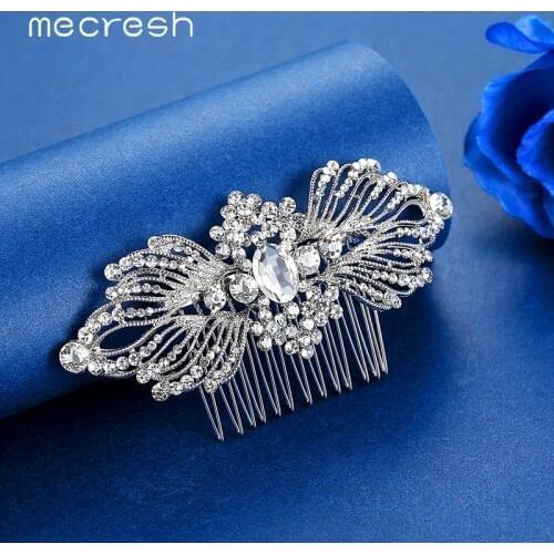 Mecresh Wing Shape Headpiece Wedding Bridal Hair Accessories Crystal Leaf Silver Color Hair Combs Pins Jewelry for Women FS250