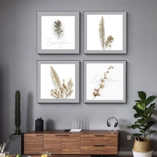 Minimalism Modern Industrial Metallic Style Golden Plant Leaf Flower Art Wall Art Print Printing Bedroom Living Room Home Decora