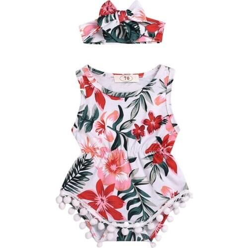 0-18M Toddler Baby Bodysuit Girl Clothes Flower Taseel Ruffle Jumpsuit Headband Outfit Summer Casual 2Pcs