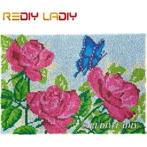 Latch Hook Kits DIY Carpet Rug Rose Butterfly Plush Wall Tapestry Kits Crochet Floor Mat Thick Yarn Cushion Art & Crafts 87*58cm