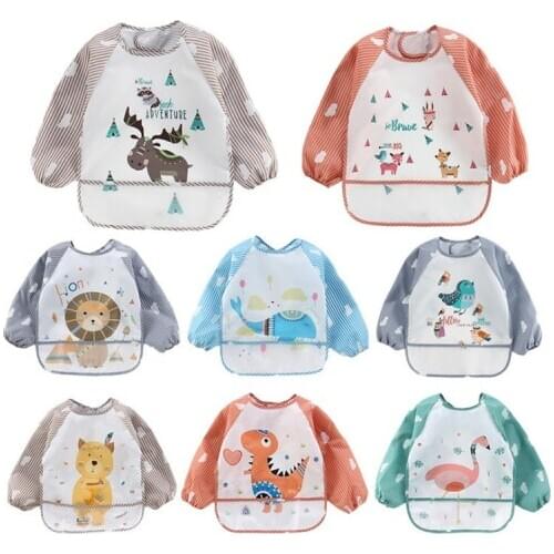 Baby Kids Toddler Long Sleeve Waterproof Eating Smock Feeding Bib Apron Pocket Baby Bandana Bibs Baby Self Feeding Bib