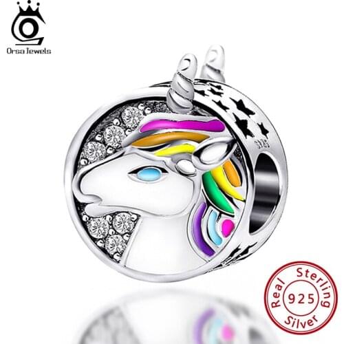 ORSA JEWELS 925 Sterling Silver Charms Original DIY Beads Lovely Unicorn Animal Charm Accessories Beads for Jewelry Making CB130
