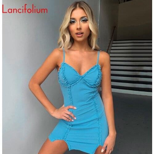 Sexy Split Bodycon Ruffle Spaghetti Strap Bustier Mini Cami Dress Women Summer Night Club Robe Y2k Slit Party Dress Vestidos
