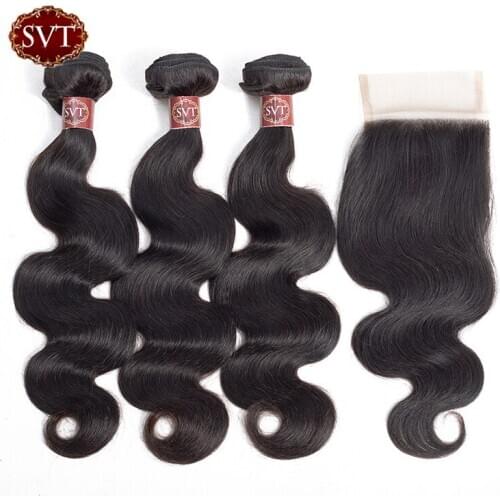 SVT Hair Human Hair Bundles With Closure Peruvian Hair 3 Bundles With Closure Non-Remy Body Wave Bundles With Lace Closure