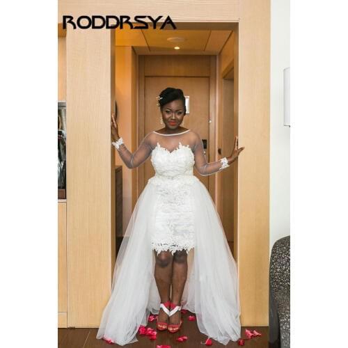 RODDRSYA Transparente Long Sleeves African Short Wedding Dress With Detachable Train Lace Applique Beach Boho Bridal Gowns Plus