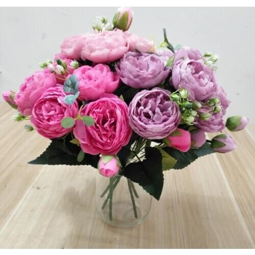 30cm Rose Pink Silk Peony Artificial Flowers Bouquet 5 Big Head and 4 Bud Cheap Fake Flowers for Home Wedding Decoration indoor