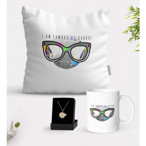 Personalized School Ünlüyüm White Mug Cushion and Is Daisy Necklace Gift Seti-3
