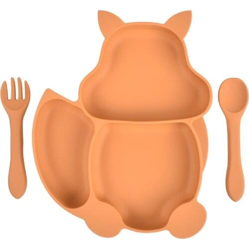 Silicone Squirrel Shape Baby Divided Feeding Plate with Spoon Fork Set Tableware