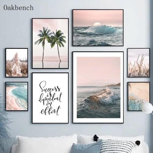 Nordic Poster Ocean Waves Landscape Wall Print Coconut Tree Reed Canvas Painting Scandinavian Wall Pictures Living Room Decor