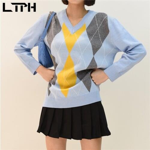 LTPH ins vintage argyle women sweaters pullovers oversized loose casual knitted long sleeve jumpers green top 2021 autumn new