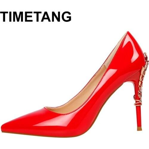 TIMETANGSpring Autumn Women Pumps High Heels Sexy Metal Heeded Shoes Woman Nightclub Party Wedding Shoes gold silver red white
