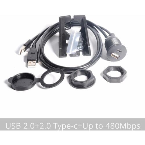 Type C 2.0 and USB 2.0 Male to Female AUX Car Mount Flush Cable Waterproof Extension for Car Truck Boat Motorcycle Dashboard