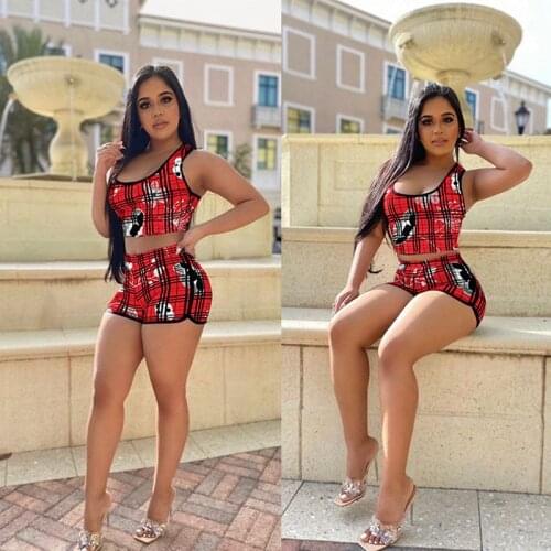 TNNAOFF Aesthetic Print Two Piece Tracksuits Women Set Sleeveless Tank Tops Summer Sexy Biker Shorts Lounge Wear Matching Sets