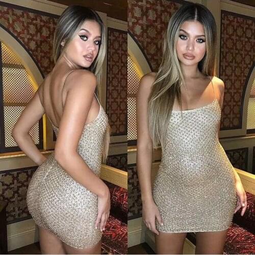 BE HYGGE Sexy Women Bodycon Mini Dress High Quality Gold Silver Black Sleeveless Slip Fashion Club Party Dress Summer Dress