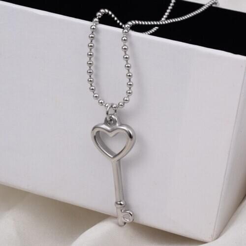 Silver color love key pendant necklace femme, fashion stainless steel beads chain necklaces for women jewelry girlfriend gifts