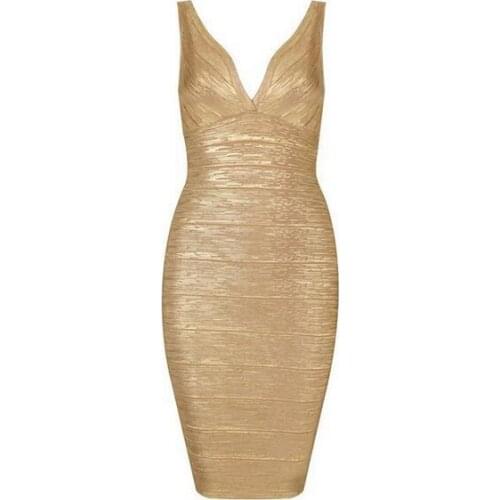 Sexy Gold Club Dress Women Backless Sleeveless Package Hips Night Club Elbise Sexy Deep V Neck Vestidos De Festa VN42