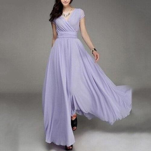Fashion High Quality DressWomen maxi dresses New casual V-neck solid color Short Sleeve Bohemian Waist Chiffon Dresses Vestidos