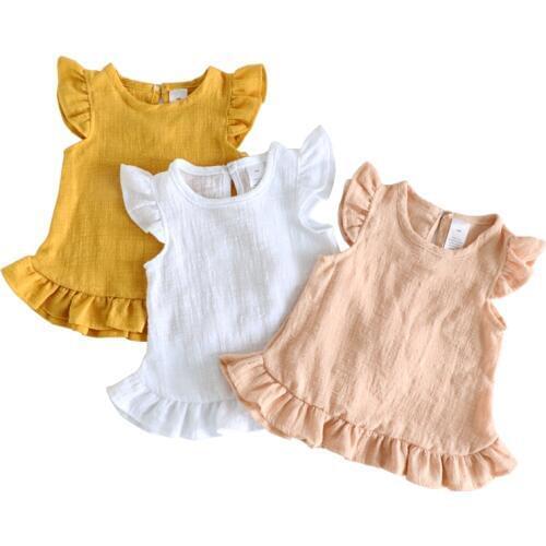 Ruffle Sleeve Summer Girls Blouses Tops Linen Cotton Lace Casual Children Kids Baby Girl Clothes Shirts Dress