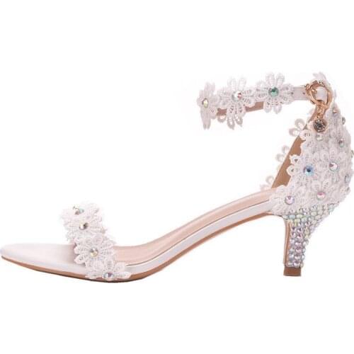 Women sandals wedding Party Lace PU Rhinestones Buckle Strap 5CM Thin High heels Round Toe sandal for women shoes size 35-42