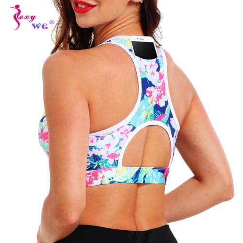 SEXYWG Sports Top Yoga Bra with Phone Pocket Women Floral Push Up Brassiere BH Underwear Crop Running Vest Sport Bras Sportswear