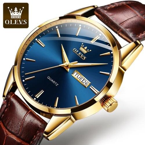 2021 New Luxury Gold Blue Dial Leather Watch Mens Sports Quartz 3ATM Waterproof Luminous Date Wristwatches Relogio Masculino