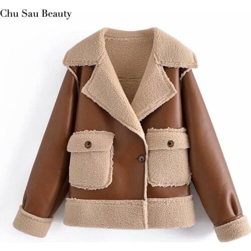 Chu Sau Beauty ZA Womens Fashion Street Style Retro PU Leather Stitching On Both Sides With Fur One-Piece Thickened Warm Top