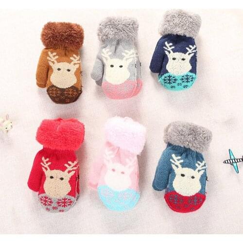 1 Pair Kids Boys Girl Gloves Winter Outdoor Fashion Cute Cartoon Lanyard Knitted Gloves Christmas Elk Thick Plush Warm Mittens