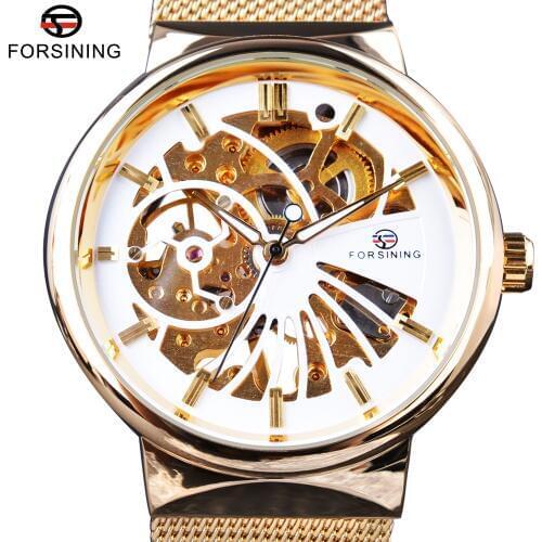 Forsining 2017 Luxury Golden Skeleton Neutral Design Stainless Steel Women Watches Mens Top Brand Luxury Waterproof Wristwatches