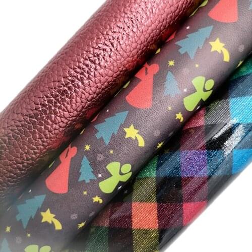 Smooth Plaids Glitter leather, Christmas Tree Printed synthetic leather, Litchi Faux Leather Sheets For Bow KM621