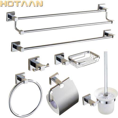 Chrome Plated Brass Made Wall Mount Bath Hardware Sets Towel Bar Robe hook Paper Holder Square Bathroom Accessories Set